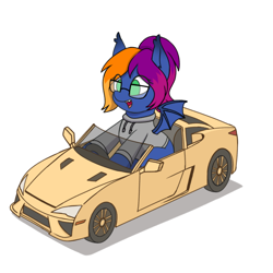 Size: 1668x1668 | Tagged: safe, artist:zeroonesunray, derpibooru import, oc, oc only, bat pony, car, clothes, commission, female, hoodie, simple background, solo, white background, your character here