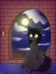 Size: 2304x3072 | Tagged: safe, artist:wojtek-ツ, derpibooru exclusive, derpibooru import, oc, oc:eclipse, pegasus, pony, blushing, candle, castle, cloud, cute, digital art, female, fluffy, folded wings, glasses, looking at you, mare, moon, moonlight, open mouth, raised hoof, raised leg, signature, sitting, solo, starry night, stars, tail, window, wings