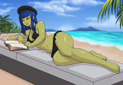 Size: 3068x2124 | Tagged: safe, artist:rapps, derpibooru import, oc, oc only, oc:olivia, human, equestria girls, g4, beach, belly, belly button, bikini, book, clothes, female, hat, jewelry, midriff, palm tree, reading, solo, swimsuit, tree