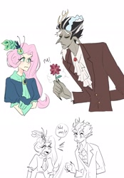 Size: 1423x2048 | Tagged: safe, artist:miruki_tii, derpibooru import, discord, fluttershy, human, g4, make new friends but keep discord, angry, clothes, crossed arms, dress, duo, duo male and female, facial hair, female, flower, gala dress, gloves, goatee, horn, horned humanization, humanized, male, redraw, scene interpretation, simple background, snaggletooth, white background