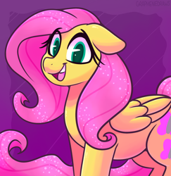 Size: 1464x1509 | Tagged: safe, artist:graphene, derpibooru import, fluttershy, pegasus, pony, cute, ears, female, floppy ears, happy, long tail, looking at you, mare, open mouth, open smile, purple background, shyabetes, simple background, smiling, smiling at you, solo, tail