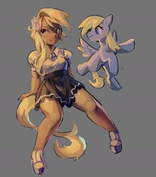 Size: 1642x1867 | Tagged: safe, artist:guarimbasmrd, derpibooru import, derpy hooves, human, pegasus, pony, g4, clothes, derp, female, flying, gray background, hairclip, humanized, mare, self paradox, self ponidox, simple background, skirt, solo