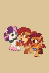 Size: 1369x2048 | Tagged: safe, artist:vreskah, derpibooru import, apple bloom, scootaloo, sweetie belle, earth pony, pegasus, pony, unicorn, adorabloom, amputee, ascot, beige background, bell, coat markings, cute, cutealoo, cutie mark crusaders, diasweetes, ear piercing, earring, female, filly, foal, freckles, goggles, goggles around neck, horn, jewelry, leonine tail, pale belly, piercing, prosthetic leg, prosthetic limb, prosthetics, redesign, shawl, simple background, socks (coat marking), tail, unshorn fetlocks