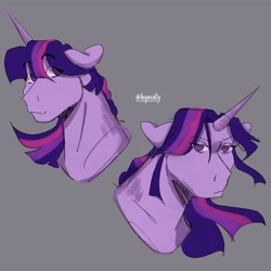 Size: 2048x2048 | Tagged: safe, artist:hiyacolly, derpibooru import, twilight sparkle, unicorn twilight, pony, unicorn, g4, bust, female, gray background, mare, simple background, solo