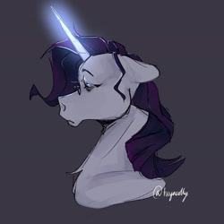 Size: 2048x2048 | Tagged: safe, artist:hiyacolly, derpibooru import, rarity, pony, unicorn, g4, bust, chest fluff, female, glasses, gray background, horn, magic, mare, simple background, solo