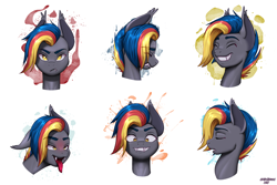 Size: 3000x2000 | Tagged: safe, artist:wolfmask, derpibooru import, oc, oc only, oc:dreaming dusk, bat pony, drunk, expressions, grin, open mouth, signature, simple background, sleeping, smiling, solo, sparkles, stare, teeth, white background