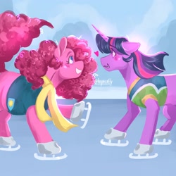 Size: 2048x2048 | Tagged: safe, artist:hiyacolly, derpibooru import, pinkie pie, twilight sparkle, unicorn twilight, earth pony, pony, unicorn, blushing, clothes, duo, female, floating heart, heart, ice, ice skates, ice skating, lesbian, looking at each other, looking at someone, mare, scarf, shipping, skates, twinkie, winter wrap up vest