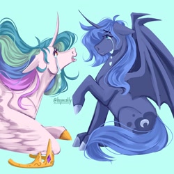 Size: 2048x2048 | Tagged: safe, artist:hiyacolly, derpibooru import, princess celestia, princess luna, alicorn, pony, g4, bat wings, blue background, crying, curved horn, cyan background, duo, duo female, female, horn, jewelry, lying down, mare, prone, regalia, simple background, sitting, slit eyes, wings