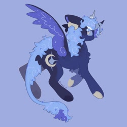 Size: 2048x2048 | Tagged: safe, artist:tiggs2_0, derpibooru import, princess luna, alicorn, pony, g4, alternate design, blue background, chest fluff, curved horn, female, horn, jewelry, leonine tail, looking at you, looking back, looking back at you, mare, regalia, simple background, slit eyes, solo, spread wings, tail, wings