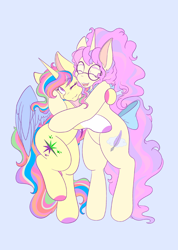 Size: 1462x2048 | Tagged: safe, artist:mscolorsplash, derpibooru import, oc, oc only, alicorn, pony, unicorn, alicorn oc, bipedal, blush lines, blushing, bow, colored wings, duo, duo female, eyes closed, female, glasses, horn, hug, light blue background, mare, one eye closed, open mouth, open smile, round glasses, simple background, smiling, tail, tail bow, wings