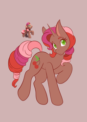 Size: 1462x2048 | Tagged: safe, artist:mscolorsplash, derpibooru import, cherry spices, pony, unicorn, bipedal, brown background, colored pupils, female, horn, mare, simple background, solo, toy
