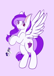 Size: 1462x2048 | Tagged: safe, artist:mscolorsplash, derpibooru import, sugar grape, pegasus, pony, colored pupils, female, flying, looking at you, mare, purple background, simple background, smiling, smiling at you, solo, spread wings, tongue, tongue out, toy interpretation, wings