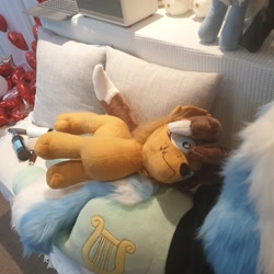 Size: 3024x3024 | Tagged: safe, derpibooru import, lyra heartstrings, oc, oc:maron_the_happydog, diamond dog, original species, pony, unicorn, horn, irl, lying down, on side, photo, plushie, pony plushie, sofa