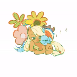 Size: 2048x2048 | Tagged: safe, artist:qmomiji188100, derpibooru import, applejack, rainbow dash, earth pony, pegasus, pony, g4, accessory swap, appledash, duo, female, flower, lesbian, lying down, mare, prone, shipping, simple background, sleeping, white background