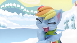 Size: 1920x1080 | Tagged: safe, derpibooru import, edit, edited screencap, screencap, rainbow dash, pegasus, pony, g4, g4.5, my little pony: stop motion short, cute, ice, lake, laughing, snow, solo, water