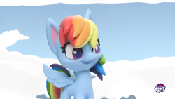 Size: 1920x1080 | Tagged: safe, derpibooru import, edit, edited screencap, screencap, rainbow dash, pegasus, pony, g4, g4.5, my little pony: stop motion short, cute, hasbro, hasbro logo, ice, lake, logo, smiling, snow, solo, water