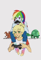 Size: 781x1127 | Tagged: safe, artist:otaku_heiwa_jp, derpibooru import, applejack, rainbow dash, tank, winona, human, tortoise, equestria girls, g4, appledash, blushing, clothes, controller, duo, female, freckles, gaming, hair bun, lesbian, shipping, shirt, simple background, sleeveless, t-shirt, tongue, tongue out, white background