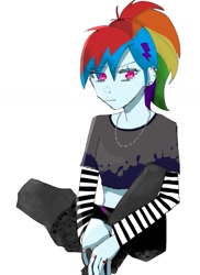 Size: 839x1155 | Tagged: safe, artist:otaku_heiwa_jp, derpibooru import, rainbow dash, human, equestria girls, g4, clothes, ear piercing, earring, emo, female, hairclip, jewelry, necklace, piercing, ring, short shirt, simple background, solo, white background