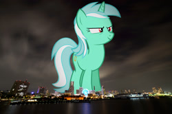 Size: 2000x1331 | Tagged: safe, artist:tardifice, derpibooru import, edit, editor:jaredking779, lyra heartstrings, pony, unicorn, g4, attack on pony, background pony, female, giant pony, giantess, highrise ponies, horn, irl, japan, macro, mare, photo, ponies in real life, red eyes, smiling, solo, story included, yokohama