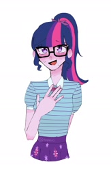 Size: 1320x2026 | Tagged: safe, artist:otaku_heiwa_jp, derpibooru import, twilight sparkle, human, equestria girls, g4, blushing, female, glasses, looking at you, ponytail, simple background, solo, sweat, white background