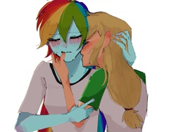 Size: 1708x1281 | Tagged: safe, artist:otaku_heiwa_jp, derpibooru import, applejack, rainbow dash, human, equestria girls, g4, appledash, blushing, duo, female, finger in mouth, hug, lesbian, shipping, simple background, sweat, white background