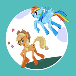 Size: 1024x1024 | Tagged: safe, artist:otaku_heiwa_jp, derpibooru import, applejack, rainbow dash, butterfly, earth pony, pegasus, pony, abstract background, appledash, applejack's hat, clothes, cowboy hat, duo, female, freckles, hat, lesbian, mare, shipping