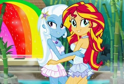 Size: 1216x832 | Tagged: safe, ai content, derpibooru import, machine learning generated, sunset shimmer, trixie, human, equestria girls, g4, breasts, clothes, dress, duo, duo female, female, lesbian, lesbian wedding, marriage, prompter:tiamatnightmare, shipping, sunset jiggler, suntrix, titsie, wedding, wedding dress