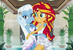 Size: 1216x832 | Tagged: safe, ai content, derpibooru import, machine learning generated, sunset shimmer, trixie, human, equestria girls, g4, breasts, cleavage, clothes, dress, duo, duo female, female, lesbian, lesbian wedding, prompter:tiamatnightmare, shipping, sunset jiggler, suntrix, titsie, wedding dress