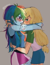 Size: 1323x1736 | Tagged: safe, artist:otaku_heiwa_jp, derpibooru import, applejack, rainbow dash, human, equestria girls, g4, appledash, blushing, duo, female, freckles, gray background, hug, lesbian, shipping, simple background, sweat