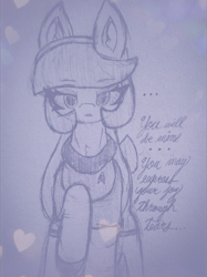 Size: 4096x5467 | Tagged: safe, artist:sodapop sprays, derpibooru import, oc, oc only, oc:t'trot, pony, clothes, ear fluff, ears, looking at you, solo, star trek, star trek (tos), tail, traditional art, uniform, vulcan