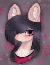 Size: 1452x1864 | Tagged: safe, artist:sodapop sprays, derpibooru import, oc, earth pony, pony, blushing, bust, chest fluff, ear fluff, ears, eye clipping through hair, freckles, hair over one eye, looking at you, ponysona, solo