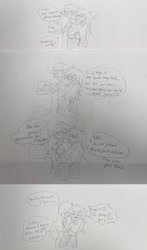 Size: 1202x2048 | Tagged: safe, artist:otaku_heiwa_jp, derpibooru import, applejack, rainbow dash, human, equestria girls, g4, ..., appledash, black and white, cross-popping veins, dialogue, duo, emanata, female, grayscale, hug, hug from behind, lesbian, monochrome, shipping, sketch, speech bubble, traditional art