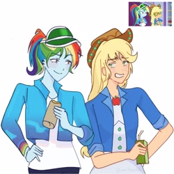 Size: 2160x2160 | Tagged: safe, artist:vanillasa1tt, derpibooru import, screencap, applejack, rainbow dash, human, equestria girls, g4, appledash, applejack's hat, blushing, clothes, cowboy hat, duo, ear piercing, earring, eyebrows, eyebrows visible through hair, female, food, freckles, hat, jewelry, juice, juice box, lesbian, looking at each other, looking at someone, piercing, redraw, shipping, simple background, white background