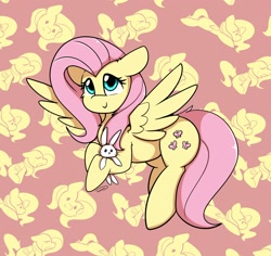 Size: 2008x1899 | Tagged: safe, artist:taurson, derpibooru import, angel bunny, fluttershy, pegasus, pony, rabbit, g4, abstract background, animal, cute, female, holding, holding a bunny, looking at you, mare, shyabetes, signature, smiling, smiling at you, spread wings, tail, tiled background, wings