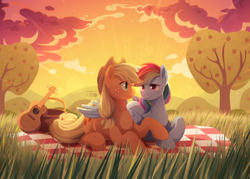 Size: 2048x1469 | Tagged: safe, artist:applesartt, derpibooru import, applejack, rainbow dash, earth pony, pegasus, pony, g4, apple, apple tree, appledash, applejack's hat, basket, clothes, cloud, cowboy hat, crepuscular rays, duo, duo female, female, freckles, grass, guitar, hat, hug, lesbian, looking at each other, looking at someone, lying down, mare, musical instrument, outdoors, picnic basket, picnic blanket, prone, shipping, sky, smiling, smiling at each other, tail, tree, wing blanket, winghug, wings