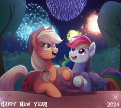 Size: 2048x1827 | Tagged: safe, artist:applesartt, derpibooru import, applejack, rainbow dash, earth pony, pegasus, pony, g4, appledash, applejack's hat, cider mug, clothes, cowboy hat, duo, duo female, female, fireworks, folded wings, freckles, happy new year, happy new year 2024, hat, holiday, lesbian, mare, mug, night, night sky, open mouth, open smile, outdoors, shipping, sky, smiling, stars, table, tail, tree, wings