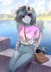 Size: 2500x3520 | Tagged: safe, artist:hakaina, derpibooru import, oc, oc only, anthro, bat pony, bag, bracelet, clothes, ear fluff, ear piercing, earring, ears, female, handbag, jewelry, looking at you, mare, pants, piercing, shirt, sitting, solo, t-shirt