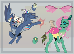 Size: 2731x2000 | Tagged: safe, artist:marzi-panic, derpibooru import, angel bunny, fluttershy, rainbow dash, changedling, changeling, pegasus, pony, rabbit, alternate design, animal, blush lines, blushing, changedlingified, changelingified, duo, duo female, female, flutterling, gray background, high res, kicking, mare, open mouth, open smile, simple background, smiling, species swap, tooth gap, trio, underhoof