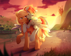 Size: 2047x1627 | Tagged: safe, artist:applesartt, derpibooru import, applejack, rainbow dash, earth pony, pegasus, pony, g4, accessory swap, appledash, applejack's hat, canterlot, clothes, cowboy hat, crepuscular rays, cute, duo, duo female, eyes closed, female, freckles, hat, lesbian, mare, outdoors, ponies riding ponies, rainbow dash riding applejack, raised hoof, raised leg, riding, riding a pony, shipping, signature, smiling, spread wings, sunset, tail, wings