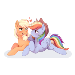 Size: 2047x2047 | Tagged: safe, artist:applesartt, derpibooru import, applejack, rainbow dash, earth pony, pegasus, pony, g4, accessory swap, appledash, applejack's hat, blushing, clothes, cowboy hat, duo, duo female, female, folded wings, freckles, hat, heart, high res, lesbian, looking at each other, looking at someone, lying down, mare, one wing out, open mouth, open smile, prone, shipping, signature, simple background, smiling, smiling at each other, tail, white background, wings