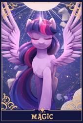 Size: 1390x2048 | Tagged: safe, artist:applesartt, derpibooru import, twilight sparkle, twilight sparkle (alicorn), alicorn, pony, g4, book, constellation, eyes closed, female, horn, mare, smiling, solo, spread wings, tarot card, wings