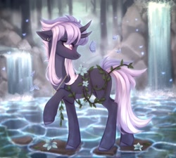 Size: 2178x1962 | Tagged: safe, artist:sparkling_light, derpibooru import, oc, oc only, butterfly, pony, unicorn, blushing, countershading, ear piercing, earring, female, horn, horns, jewelry, mare, necklace, piercing, solo, vine, water, waterfall