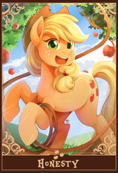 Size: 1390x2048 | Tagged: safe, artist:applesartt, derpibooru import, applejack, earth pony, pony, g4, apple, apple tree, applejack's hat, clothes, cowboy hat, female, food, freckles, grass, hat, lasso, looking at you, mare, open mouth, open smile, outdoors, rearing, rope, smiling, smiling at you, solo, tail, tarot card, tree