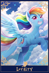 Size: 1390x2048 | Tagged: safe, artist:applesartt, derpibooru import, rainbow dash, pegasus, pony, g4, cloud, female, flying, grin, looking at you, mare, outdoors, sky, smiling, smiling at you, solo, spread wings, tail, tarot card, windswept mane, wings