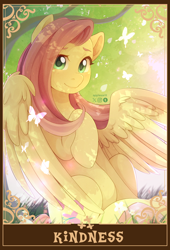 Size: 1390x2048 | Tagged: safe, artist:applesartt, derpibooru import, fluttershy, pegasus, pony, g4, female, looking at you, mare, partially open wings, smiling, smiling at you, solo, tarot card, wings