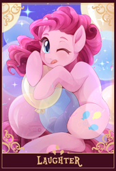 Size: 1390x2048 | Tagged: safe, artist:applesartt, derpibooru import, pinkie pie, earth pony, pony, g4, :p, female, looking at you, mare, one eye closed, smiling, smiling at you, solo, tail, tarot card, tongue, tongue out, wink, winking at you