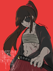 Size: 3072x4096 | Tagged: safe, artist:metaruscarlet, derpibooru import, oc, oc only, oc:ohasu, human, clothes, eyepatch, hiragana, humanized, humanized oc, japanese, kanji, katana, kimono (clothing), muscles, red background, sarashi, scar, simple background, solo, sword, tattoo, tied up, weapon