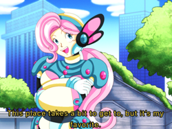 Size: 1024x768 | Tagged: safe, artist:rockmangurlx, derpibooru import, fluttershy, human, robot, anime, city, female, gynoid, humanized, megaman x, open mouth, open smile, reploid, smiling, solo, text