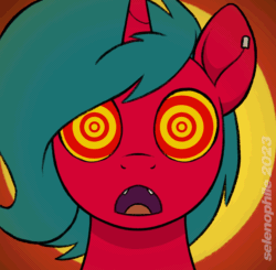 Size: 2000x1958 | Tagged: safe, alternate version, artist:selenophile, derpibooru import, oc, oc only, oc:crimson malibu, pony, unicorn, alternate character, animated, commission, dilated pupils, horn, hypno eyes, hypnosis, hypnotized, looking at you, open mouth, solo, swirly eyes, ych result