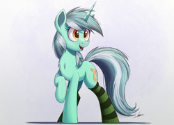 Size: 4000x2881 | Tagged: safe, artist:ncmares, derpibooru import, lyra heartstrings, pony, unicorn, g4, chest fluff, clothes, cute, female, high res, horn, lyrabetes, mare, open mouth, open smile, raised hoof, raised leg, signature, smiling, socks, solo, striped socks, tail
